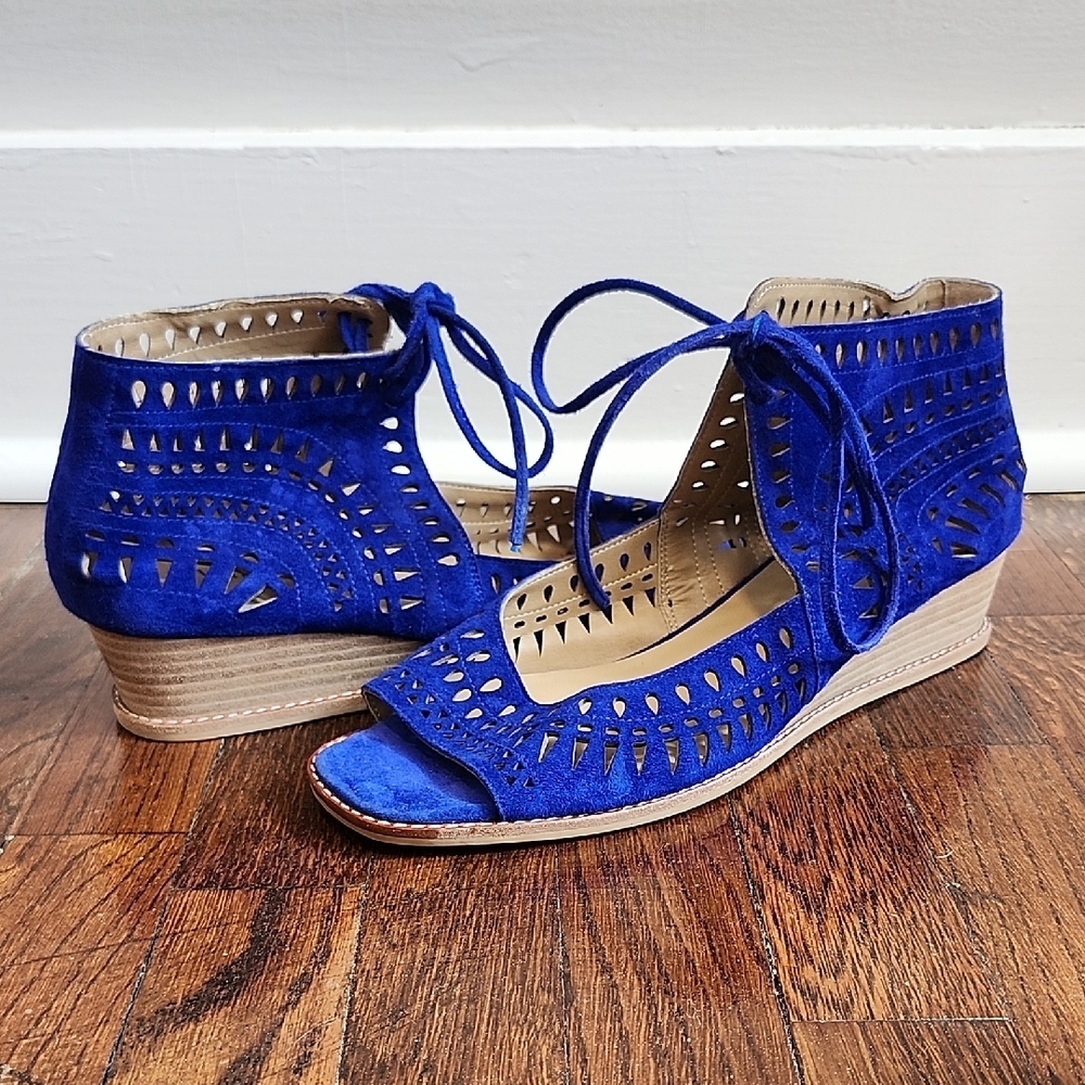 Vaneli Beautiful Blue Suede Low Wedge Sandals With Perforated Design